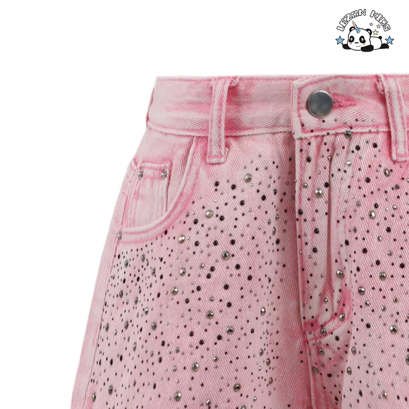 LEZONKIDS - Roupas infantis femininas elegantes e modernas por atacado Calções de jeans casuais com brilho para crianças